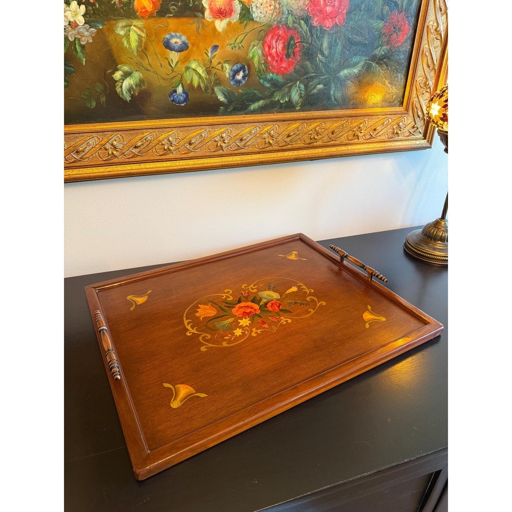 Vintage Hand Painted Floral‎ Wood Tray With Handles